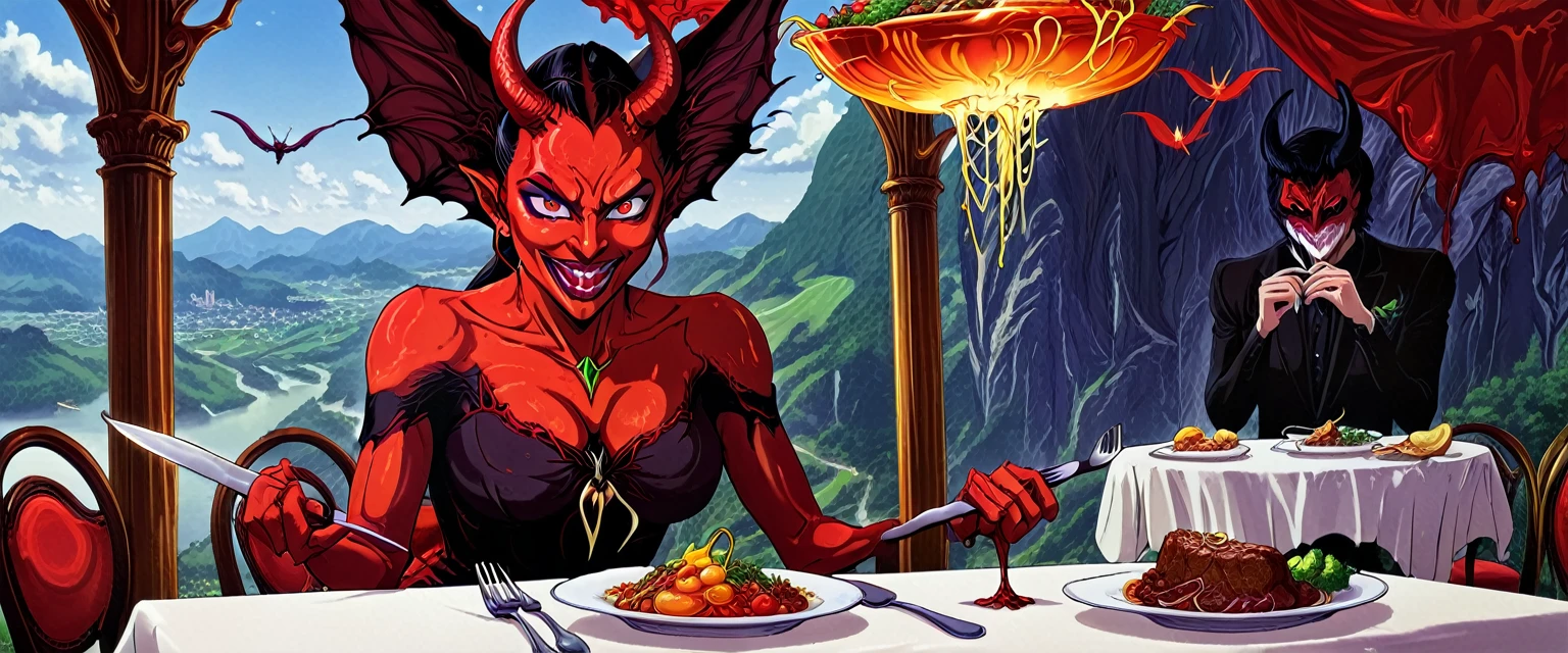 (((masterpiece,Highest quality))),(((Devil anime woman with fly motif))),(((He is sitting alone at the table, holding his knife and fork in front of a sumptuous meal))),(Inhuman),Focus on people,(high quality),brho,b3ks1n