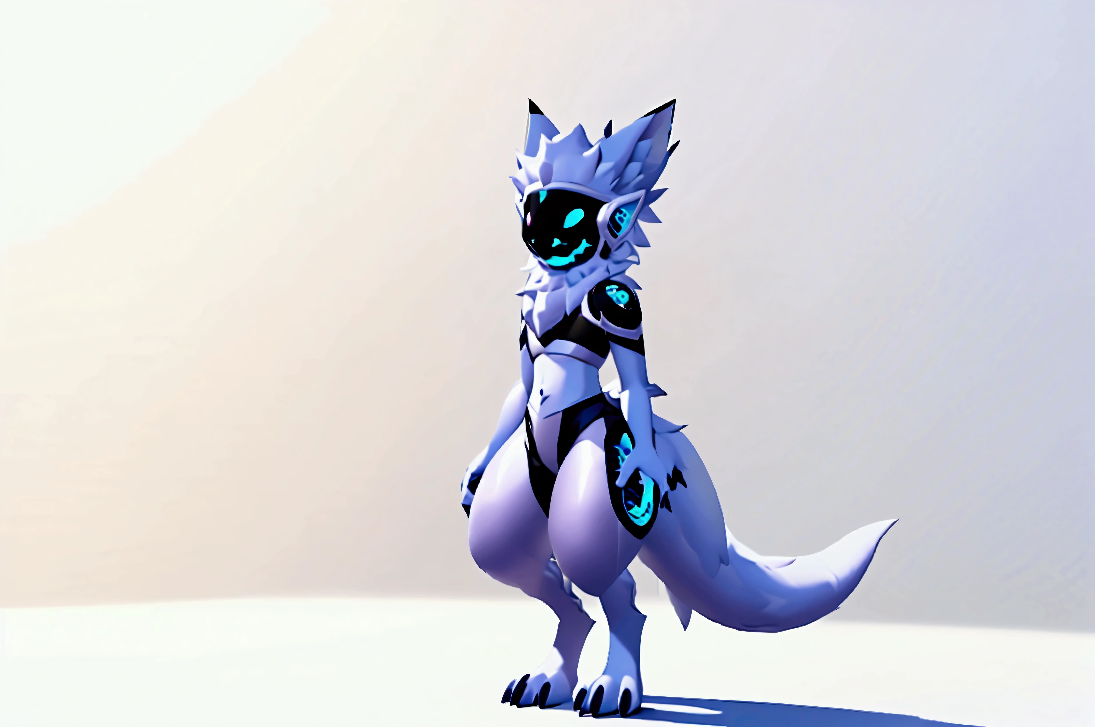 a protogen with blue colors, offwhite, gray and dark blue. styled hair, ssmile, fluffy ears, velues, fully body