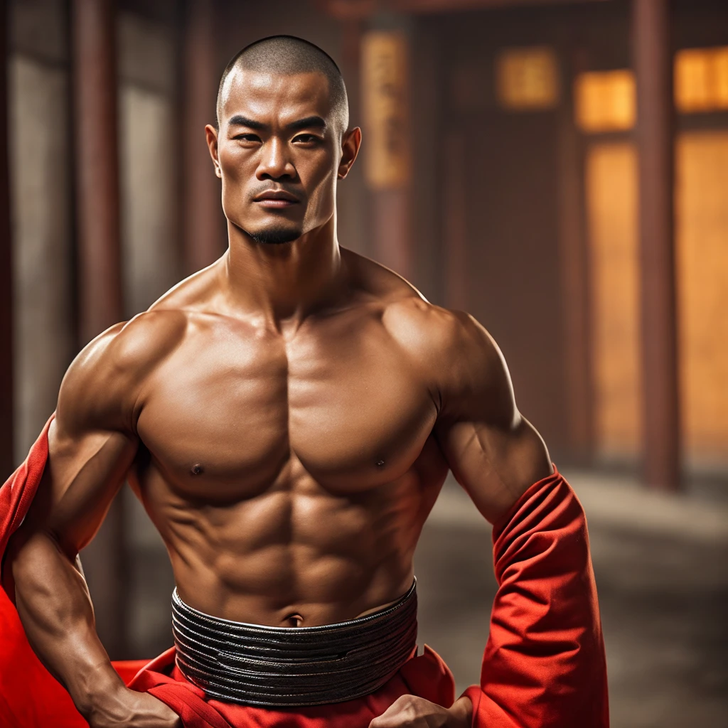 Muscular warrior in shaolin traditional dress, portrait, cinematic resolution and photo