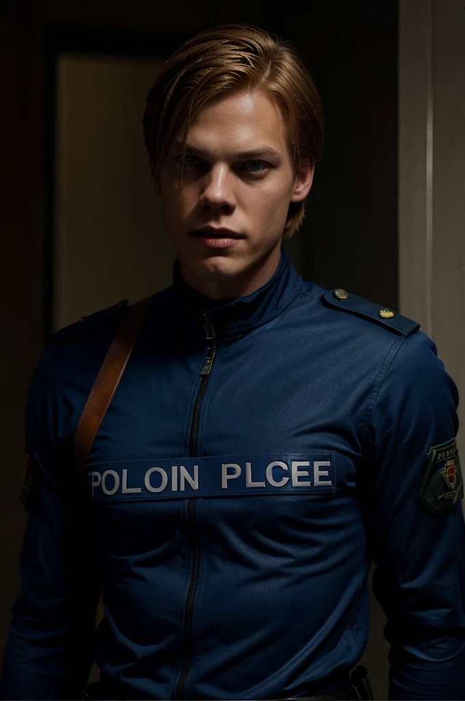 Bill Skarsgard with golden hair, in a blue police uniform as Leon Scott Kennedy from the game Resident Evil 4