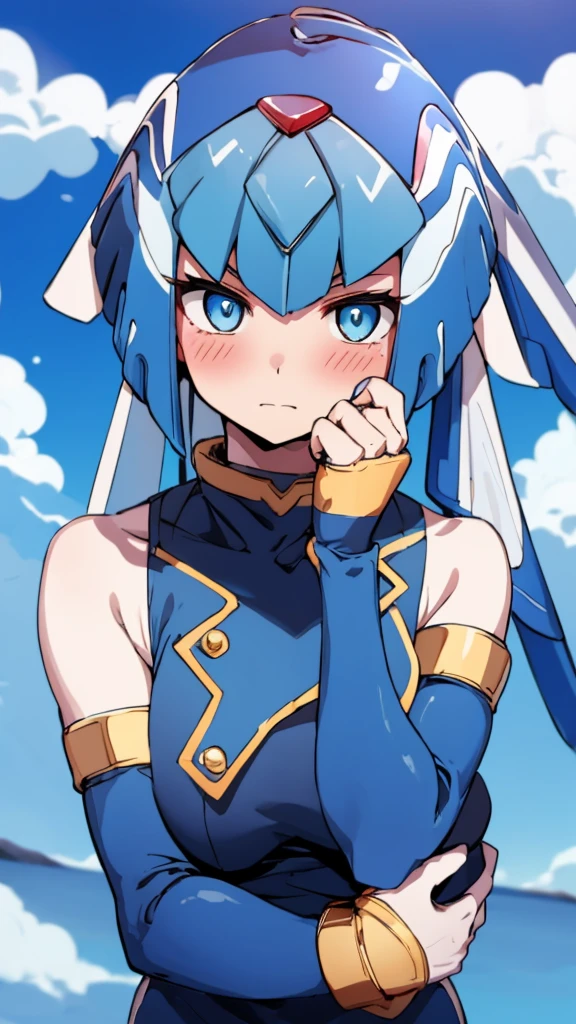 Leviathan_Megamanz, 1 Girl ,Looking at the viewer , blue hair, Blue eyes,Clouds background , Blushed, Wedding ring, Glasses, Holding a baby in hands,