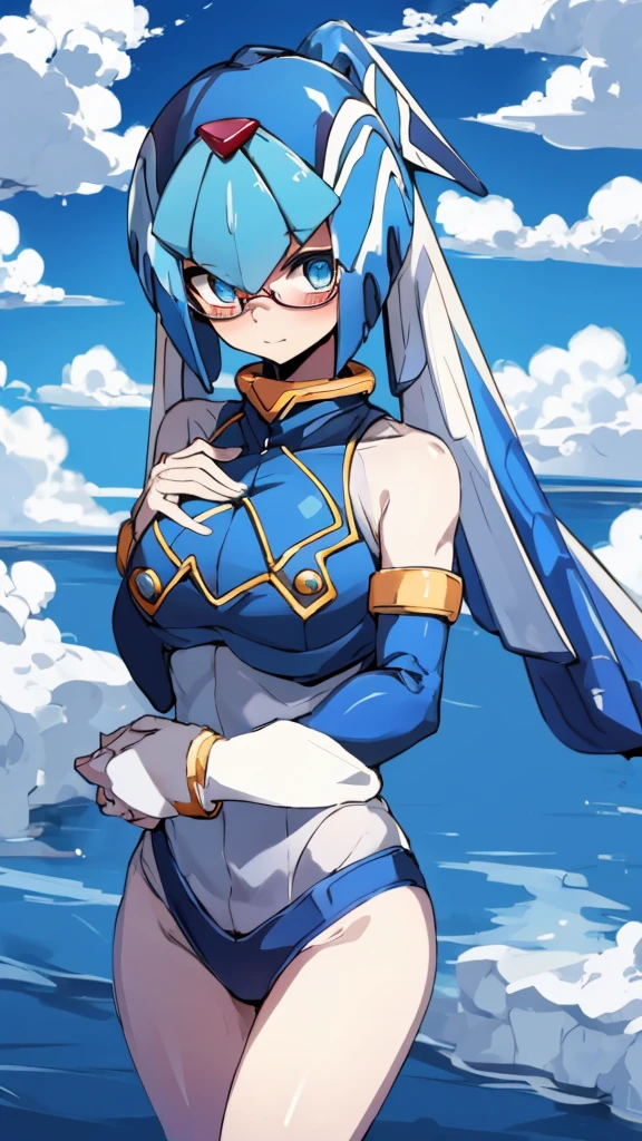 Leviathan_Megamanz, 1 Girl ,Looking at the viewer , blue hair, Blue eyes,Clouds background , Blushed, Wedding ring, Glasses, Holding a baby in hands,