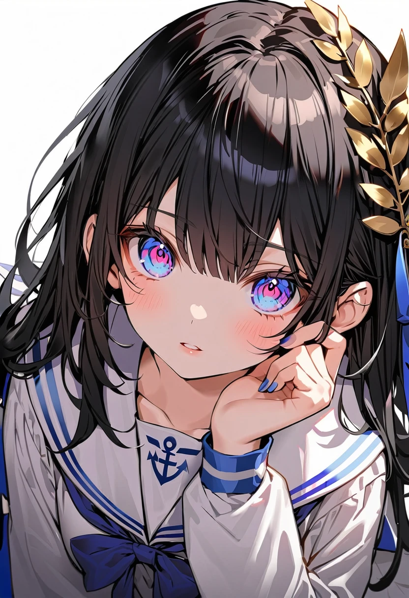 masutepiece++, Best Quality++, ultra-definition++, ultra-definition++, rey tracing, 4K or more++, 8K or more++, Slight details, (Background Focus )++,Young woman with golden laurel wreath, (((Ultramarine hair))), (((White dip dyed hair))), (((red streaked hair))),sailor,Sailor collar,White shirt, skirt by the,anchor,