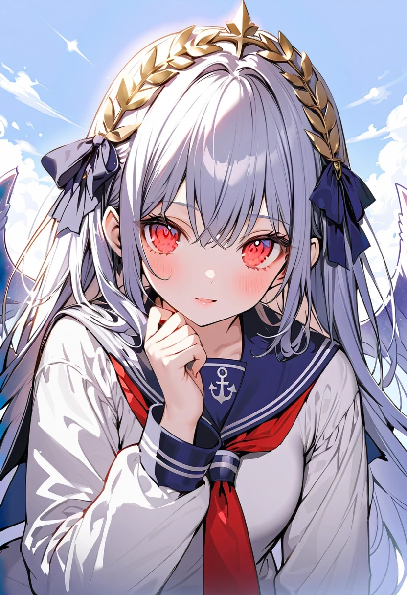 masutepiece++, Best Quality++, ultra-definition++, ultra-definition++, rey tracing, 4K or more++, 8K or more++, Slight details, (Background Focus )++,Young woman with golden laurel wreath, (((Ultramarine hair))), (((White dip dyed hair))), (((red streaked hair))),sailor,Sailor collar,White shirt, skirt by the,anchor,