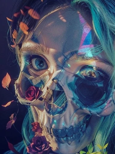 Half of the face is a skull, the other half is a woman , white 25 years old, A red rose 