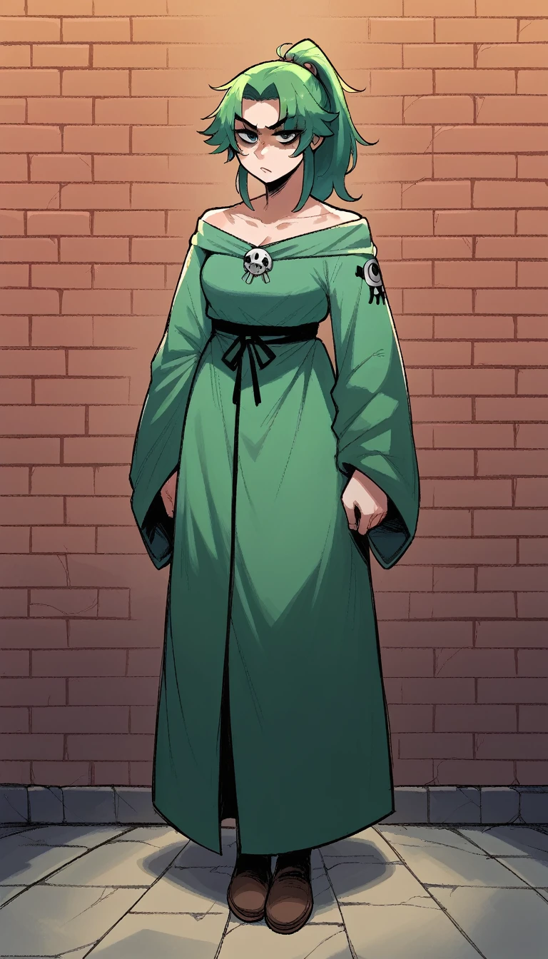 cartoon of a woman with green hair and a ponytail standing in front of a brick wall, full body portrait of a short!, cel - shaded art style, character full body portrait, full body close-up shot, a character portrait, dressed in a green robe, tall female emo art student, full body character portrait, inspired by Taiyō Matsumoto