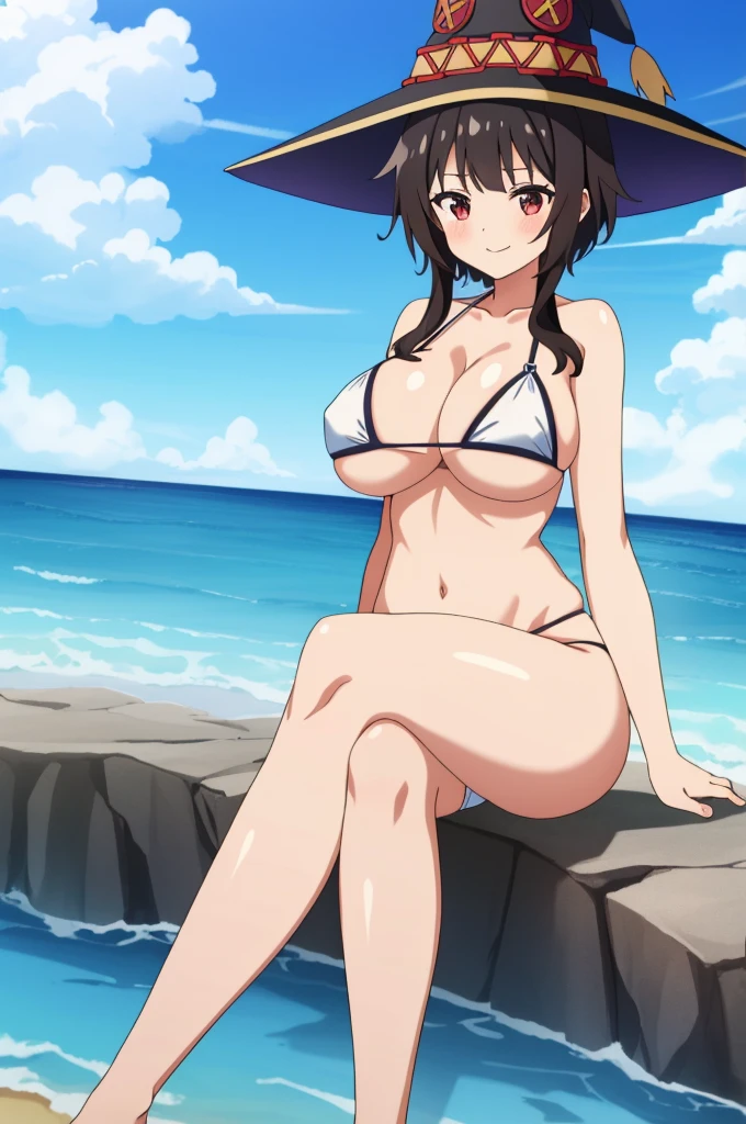 (masterpiece, best quality),  intricate details,
1girl,  megumin, short hair, hat, witch hat
 1girl, solo, breasts, looking_at_viewer, smile, large_breasts, cleavage, bare_shoulders, collarbone, sitting, sitting on rock, legs crossed, thick thighs, thong underwear, from_below, breasts, large breasts, big breasts, huge breasts, big tits, giant breasts, small bikini, bikini, white bikini, bare shoulders, bare arms, beach, ocean, underboob, island background