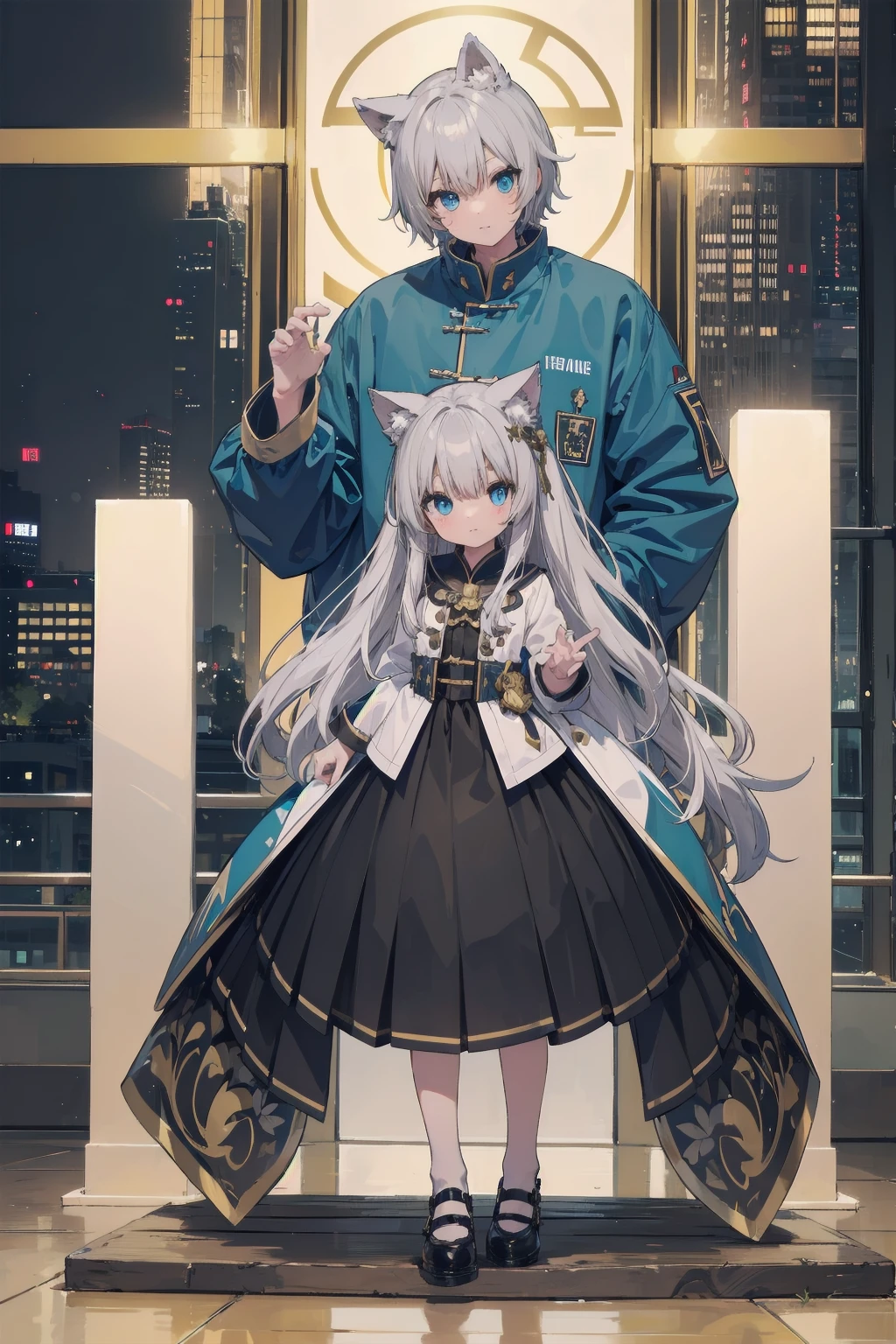 (Animal ears), Light silver hair, blue eyes, Bandman Cosplay, Full body pose, Fleeting Expression, (masterpiece), (Highest quality), (非常にdetailedな), more_detailed:-1, more_detailed:0, more_detailed:0.5, more_detailed:1, more_detailed:1.5, Shine