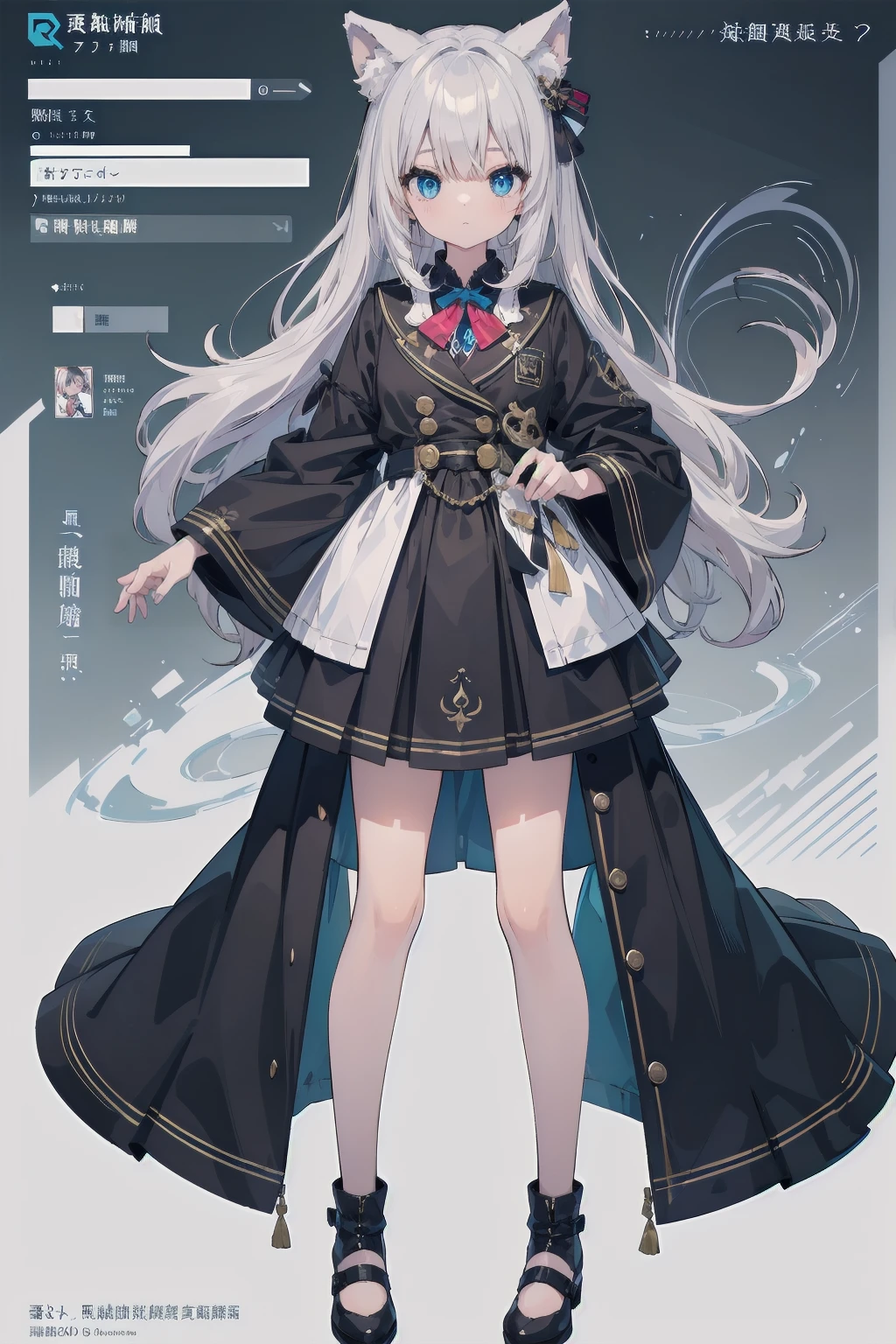 (Animal ears), Light silver hair, blue eyes, Bandman Cosplay, Full body pose, Fleeting Expression, (masterpiece), (Highest quality), (非常にdetailedな), more_detailed:-1, more_detailed:0, more_detailed:0.5, more_detailed:1, more_detailed:1.5, Shine