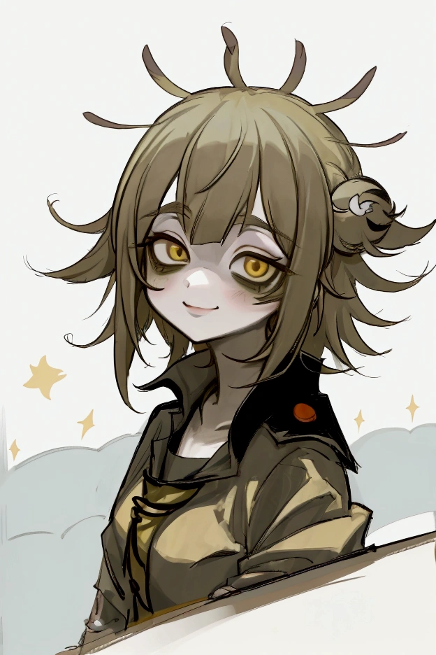 Himiko toga anime girl with blonde hair and yellow eyes looking at the camera., Stop four *, Junko Enoshima, Moe anime art style, in an anime style, [[[[smiling evilly]]]], anime monster girl, Marisa Kirisame, shikami, Stop four, anime style portrait, perfect anime face