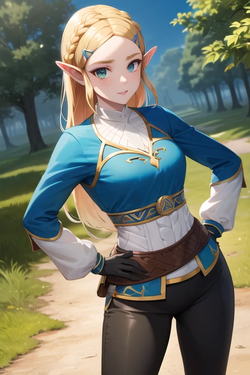 masterpiece, Best Quality, High resolution, azelda, by the wide, crown braid, Hair clip, pointy ears, blue shirt, long sleeves, Gloves without fingers, black gloves, Black pants, tight pants, evening, standing, cowboy shot, outdoor, hand on hip,