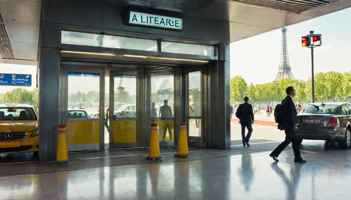airport door, airport exit, Paris, France, exit, Eiffel Tower, people walking, taxi
