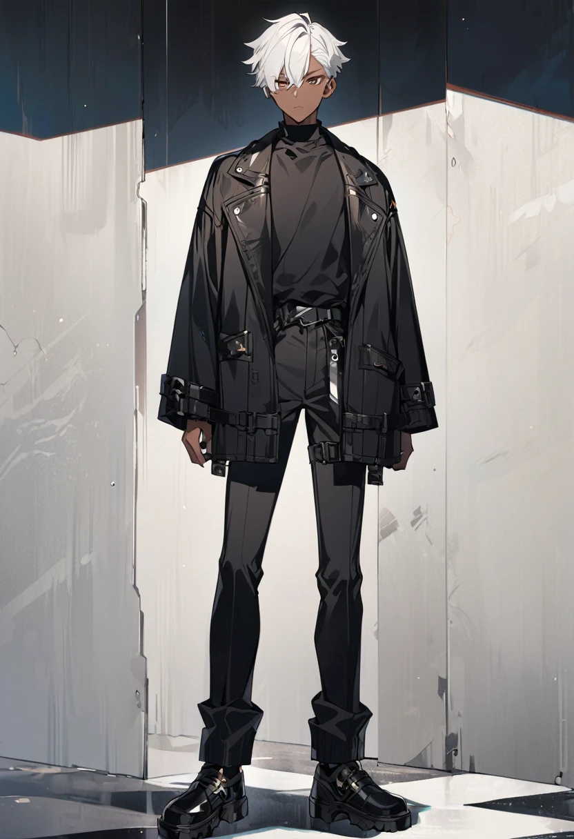 a anime man, dark skinned, white short hair, dark brown eyes, wearing a black jacket, standing, full body, thin body, wearing a black pants