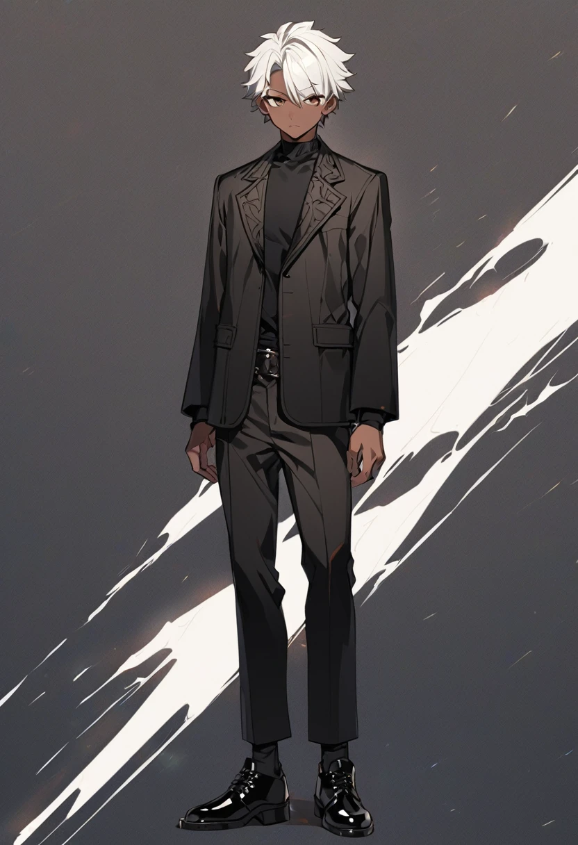 a anime man, dark skinned, white short hair, dark brown eyes, wearing a black jacket, standing, full body, thin body, wearing a black pants