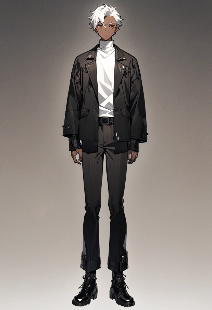 a anime man, dark skinned, white short hair, dark brown eyes, wearing a black jacket, standing, full body, thin body, wearing a black pants