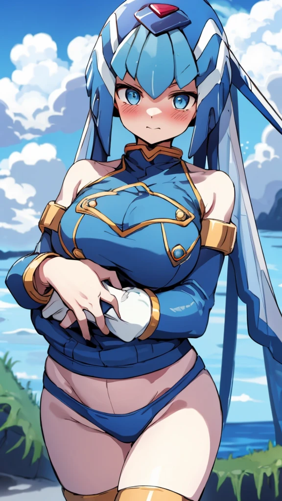 Leviathan_Megamanz, 1 Girl ,Looking at the viewer , blue hair, Blue eyes,Clouds background , Blushed, Wedding ring, Glasses, Holding a  in hands, 