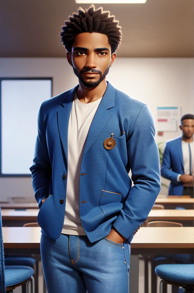 a photo of Kabede Sccatynter, a 30-year-old man, well-defined muscular body, of African descent, short black hair with a low cut, brown eyes, (((blue blazer, jeans))), white T-shirt, white sneakers, stands alone in a pensive possession, hand on chin and standing facing the camera talking and smiling in an office.