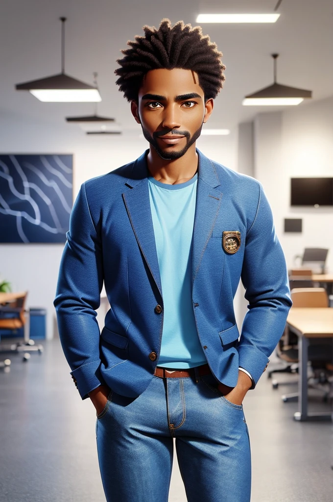 a photo of Kabede Sccatynter, a 30-year-old man, well-defined muscular body, of African descent, short black hair with a low cut, brown eyes, (((blue blazer, jeans))), white T-shirt, white sneakers, stands alone in a pensive possession, hand on chin and standing facing the camera talking and smiling in an office.