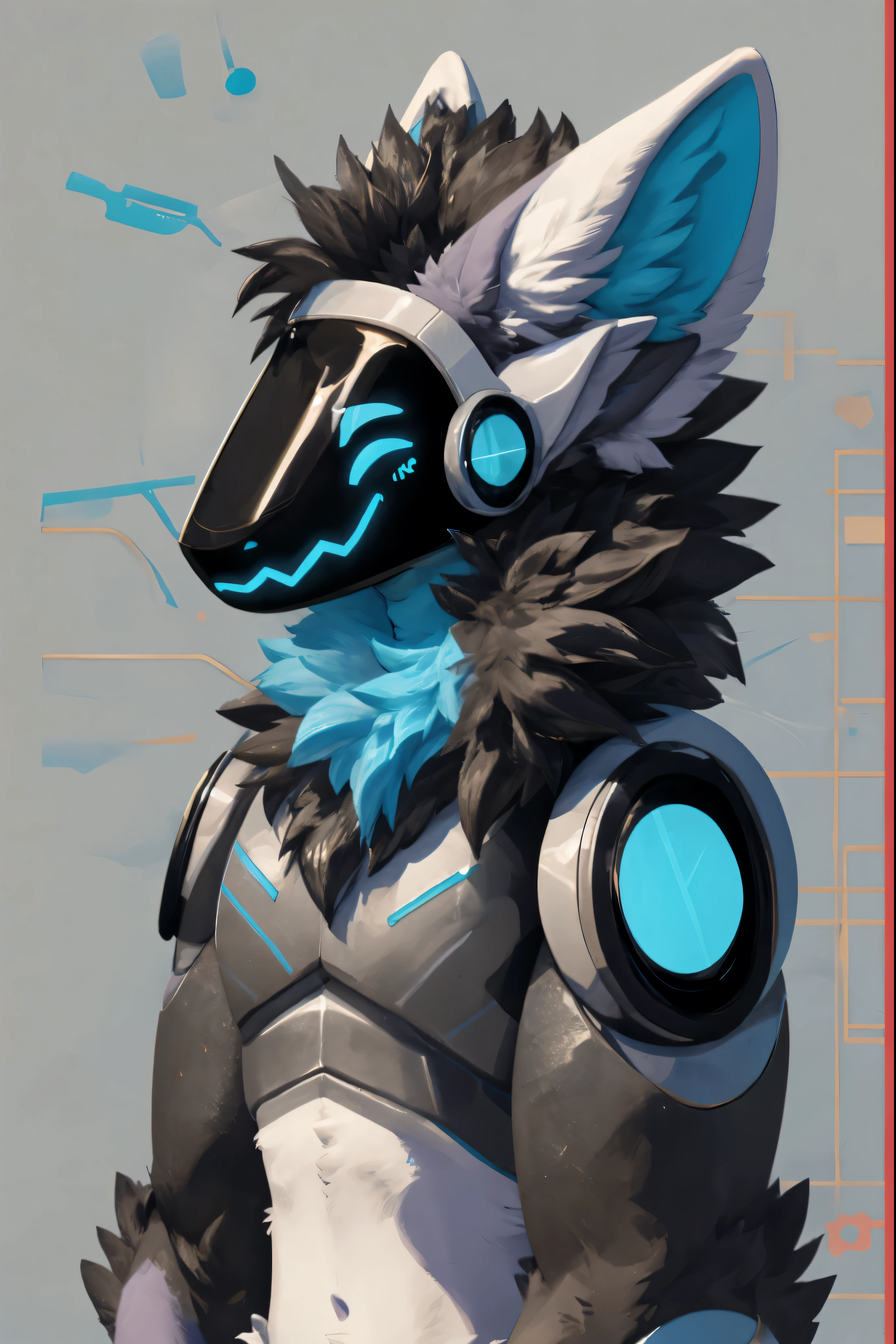 protogen (with blue lines on his face and technological armor), Fluffy tail, masculine, furry ears