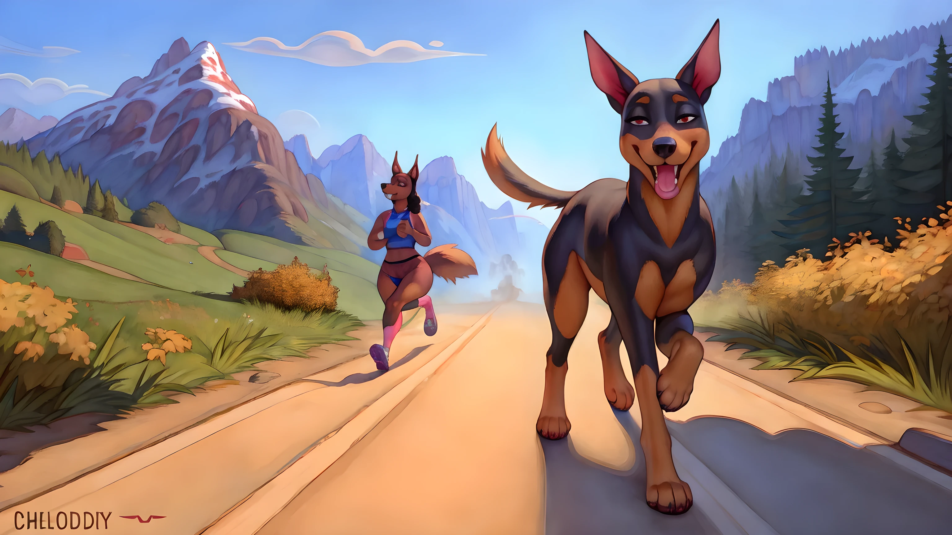 Feral dog, female, doberman, canine pussy, pussy juice, running, mountain road, by chelodoy