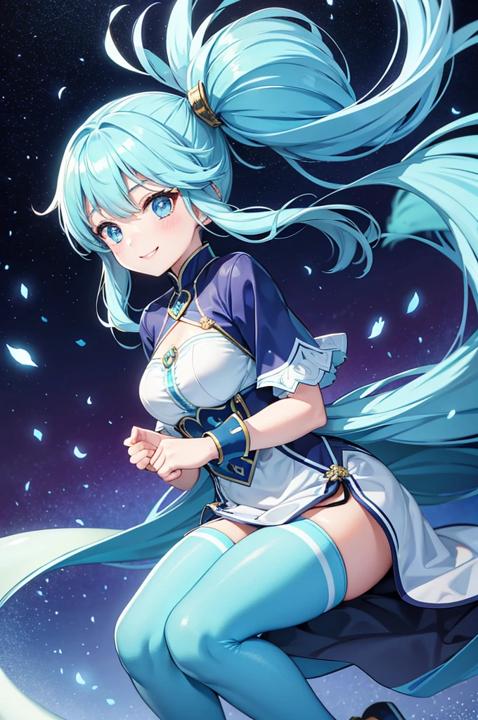 Beautiful girl riding a dragon　Light blue long hair　Twin tails　Bright smile　