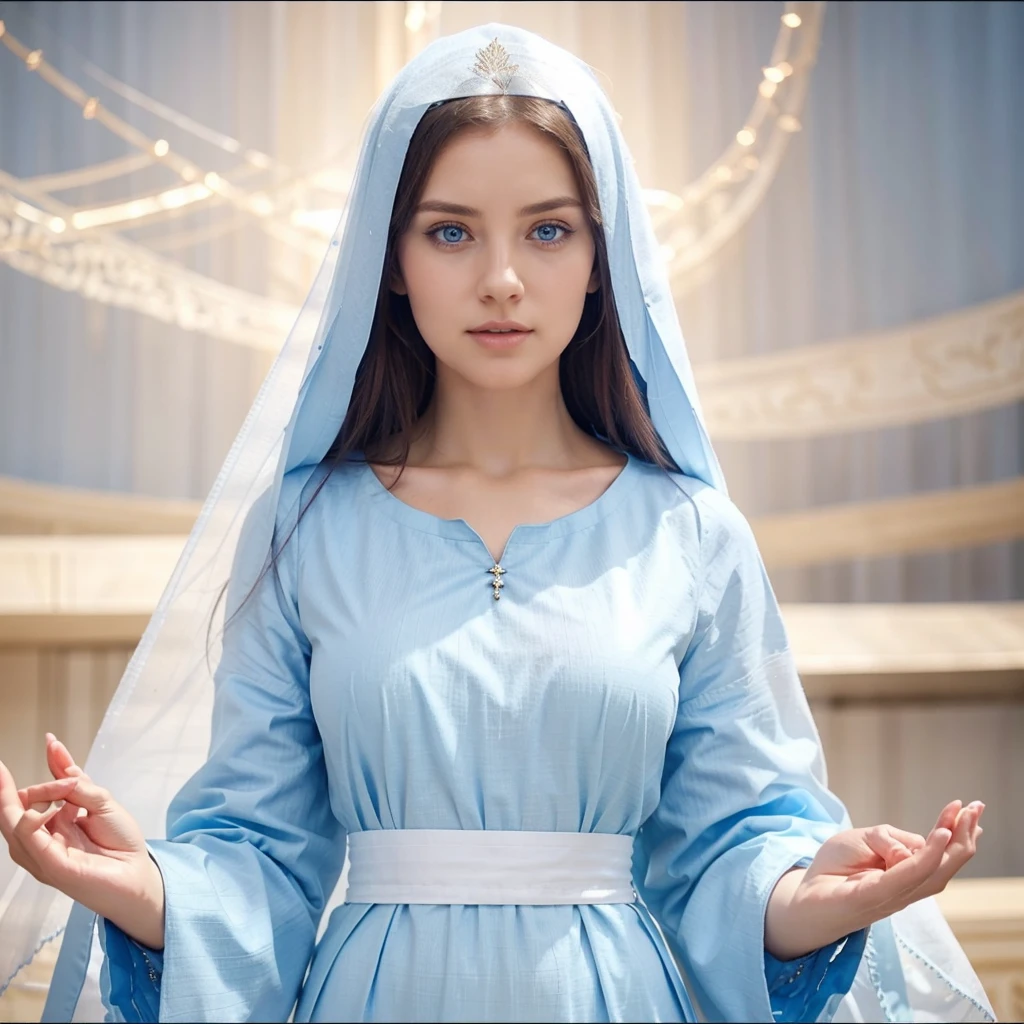 Beautiful woman with light blue eyes, wearing a blue tunic with wide, long sleeves adjusted at the waist by a white sash. Wear a thick white veil. She has open arms. Beautiful female hands