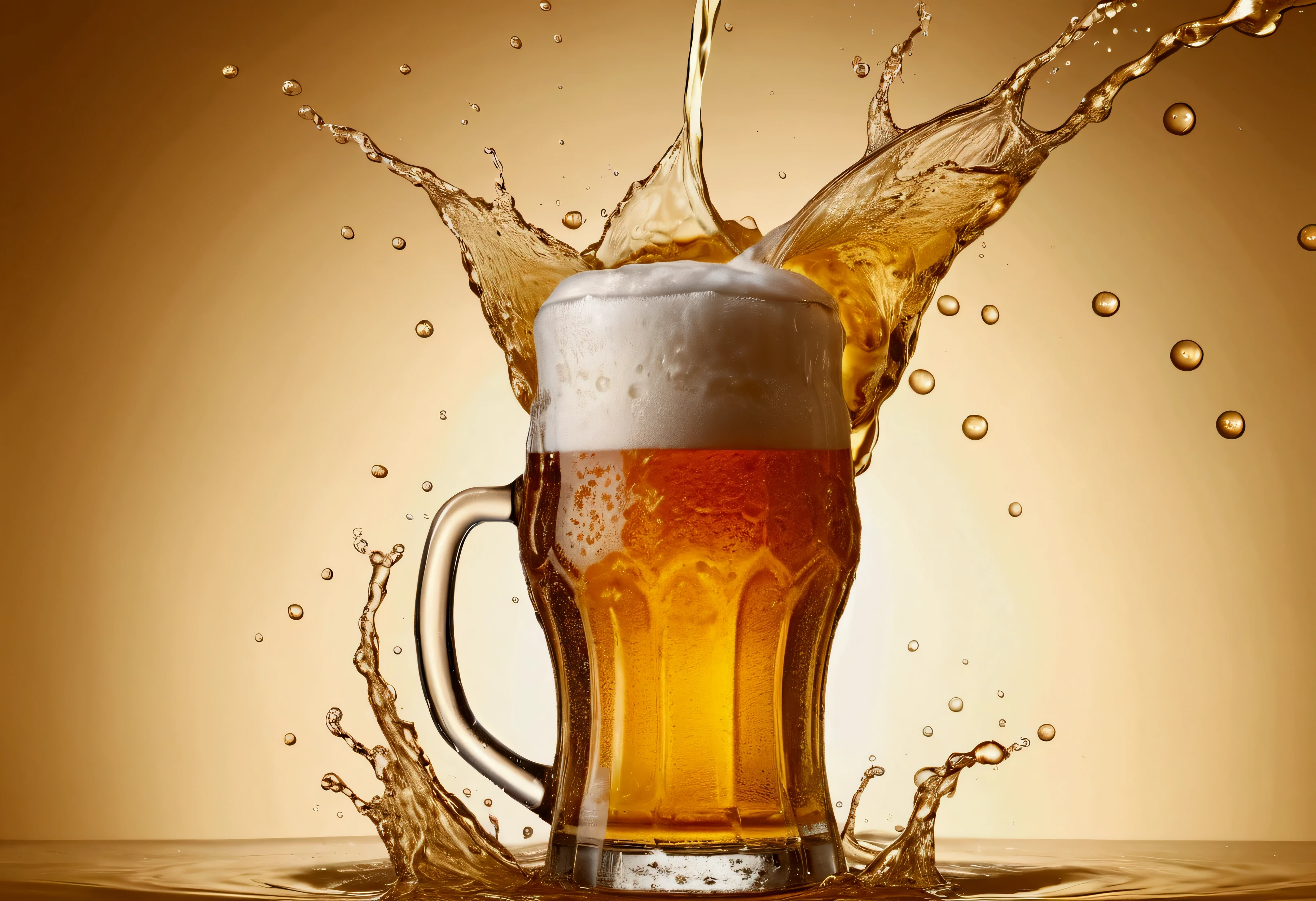 a picture of an hazy beer, beer splashing in the elegant cream color background like in a commercial, everything in focus