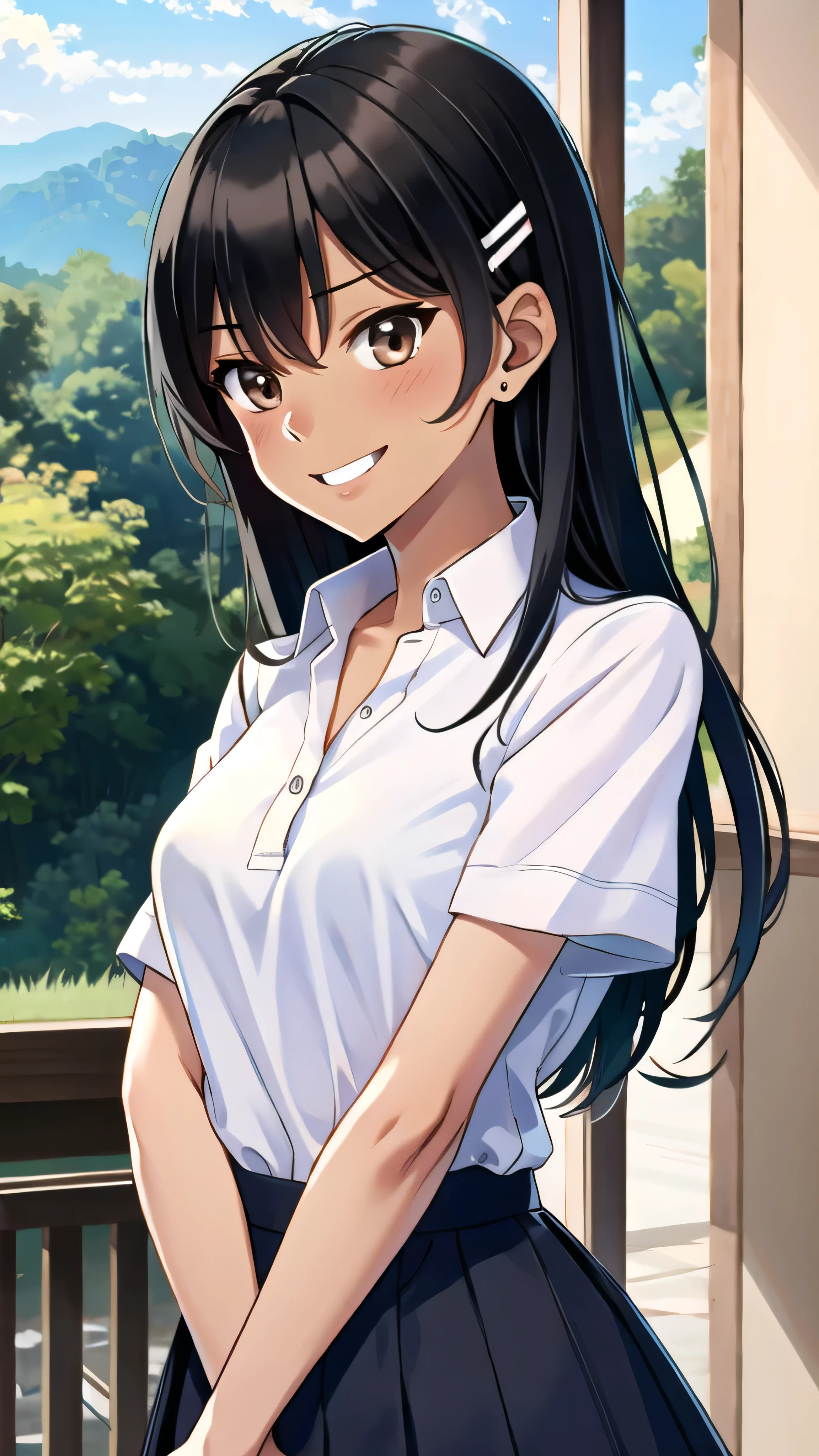 ((best quality)), ((masterpiece)), (details), one girl, sexy ((best quality)), ((masterpiece)), (details), one girl, sexy ((best quality)), ((masterpiece)), (details), one girl, full body, sexy expensive body, expensive, long legs, mature woman, mature, adult, it_nagatoro_main, Hayase Nagatoro, one girl, blushing, alone, uniform polo shirt, short sleeves, black hair,brown eyes, hair accessory, looking at viewer, hair clip, smiling, long hair, dark skinned woman, dark skin, , bangs, daytime, skirt, collared shirt, collarbone, ear clip, mouth closed, tree, asymmetrical bangs, upper body