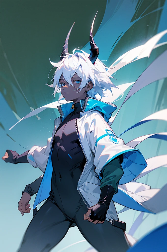 1male, black and blue skin color, white hair ,small horns, with a tail, Jump jacket, Forest background