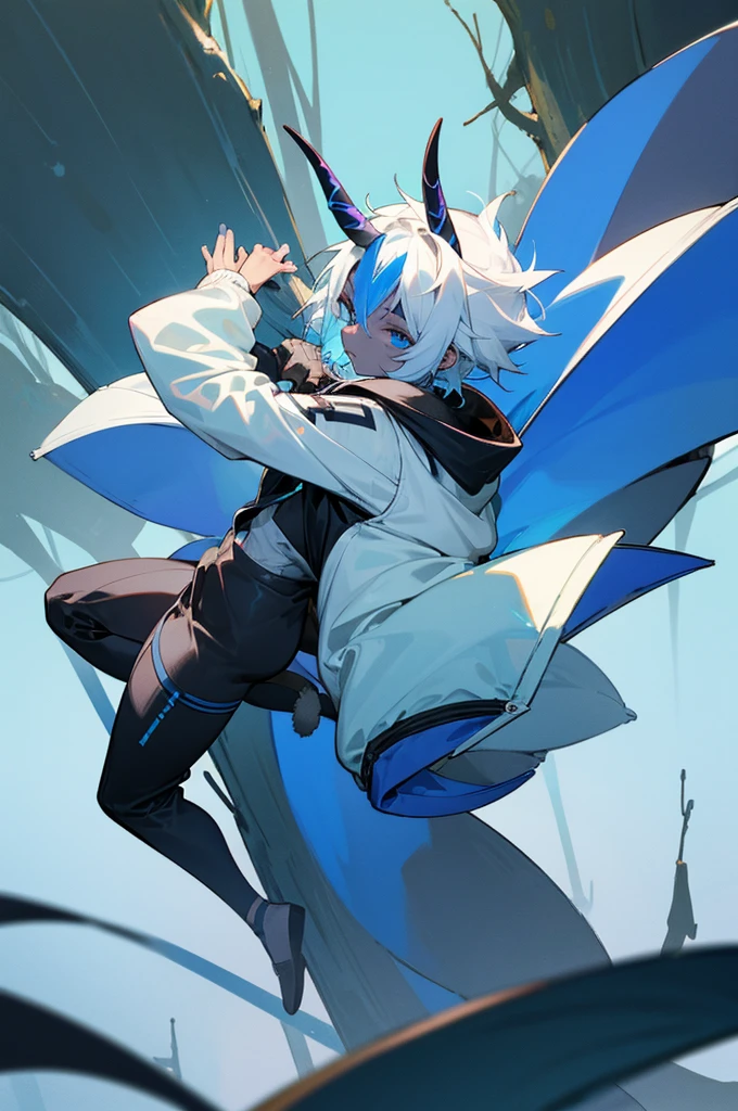 1male, black and blue skin color, white hair ,small horns, with a tail, Jump jacket, Forest background