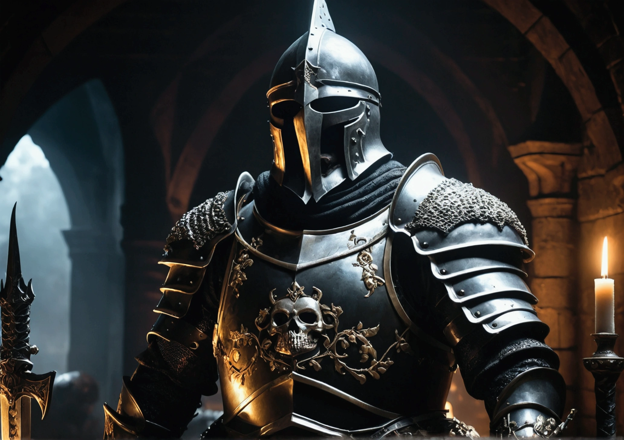 Black Knight, Strong Men, I&#39;m not fat, Decorative full plate armor, Skull Helmet, Large pauldron, Dark horror, Overlooking the battlefield, Big Great Sword, Cinematic, Fine details, 8k, (Dark Shot:0.7), Scattered beneath the surface, (Ambient Lighting:1.3), (Art Station:1.3)