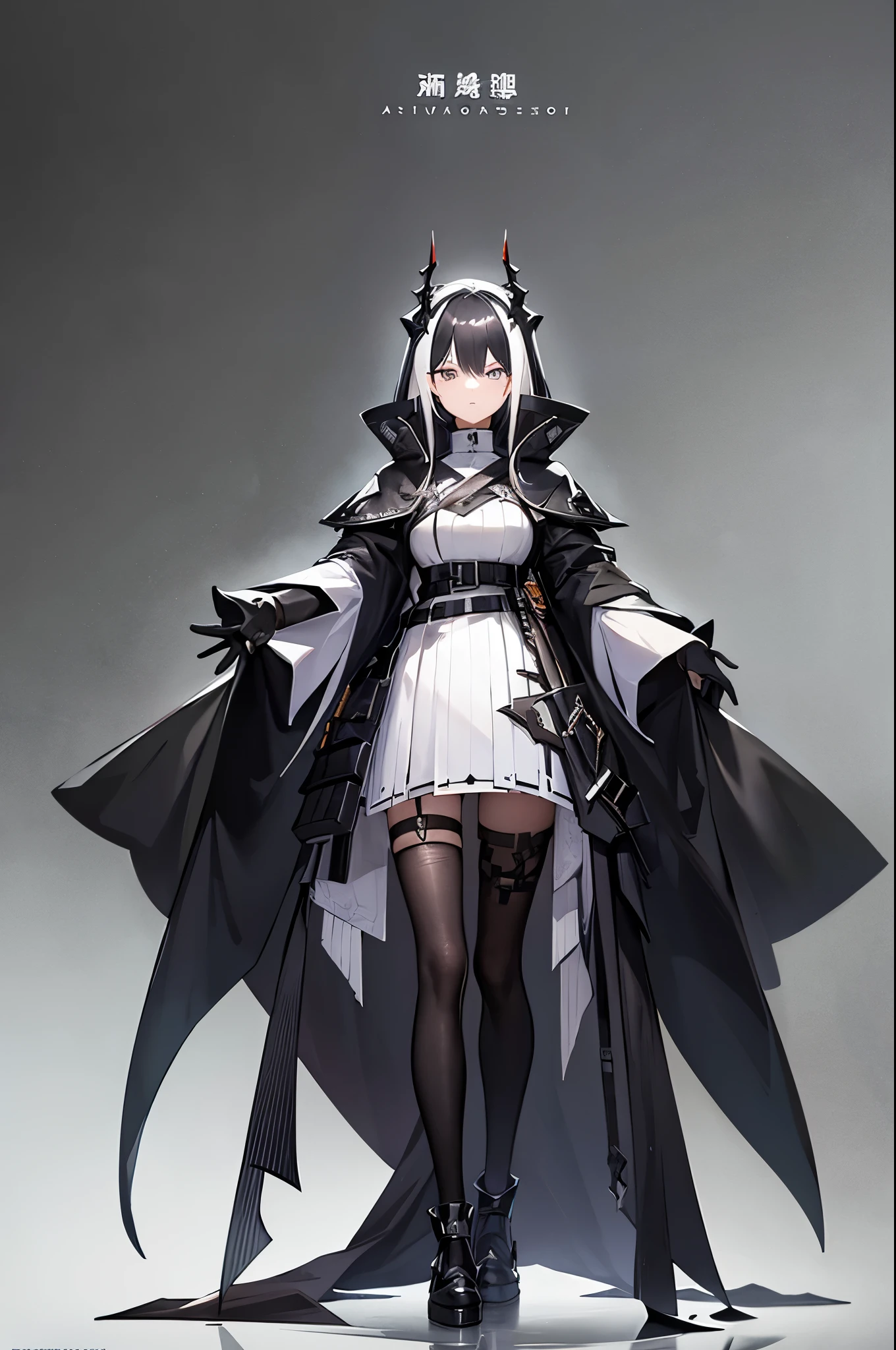 Arknights Characters,Sarkaz,Long black horns on the head,Arknights style,Latter-day rough soil,High-tech equipment,Source stone装备,Source stone,Tall girl,a battle man,Look solemn,角色Standing picture,Standing picture,detail,人物Standing picture,whole body,Standing picture,detail,Face clarity,Combat attire,Tall and tall,Royal sister,Black hair,White highlights,Black and white hair