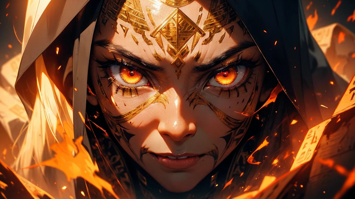 "(best quality,highres),close-up of a mummy's face,covered in bandages with golden hieroglyphics,(detailed:1.1),(vivid and intense colors:1.1),(realistic:1.1) graphic art style,terrifying,eye sockets with glowing golden eyes,detailed wrinkles, dark circles under the eyes"