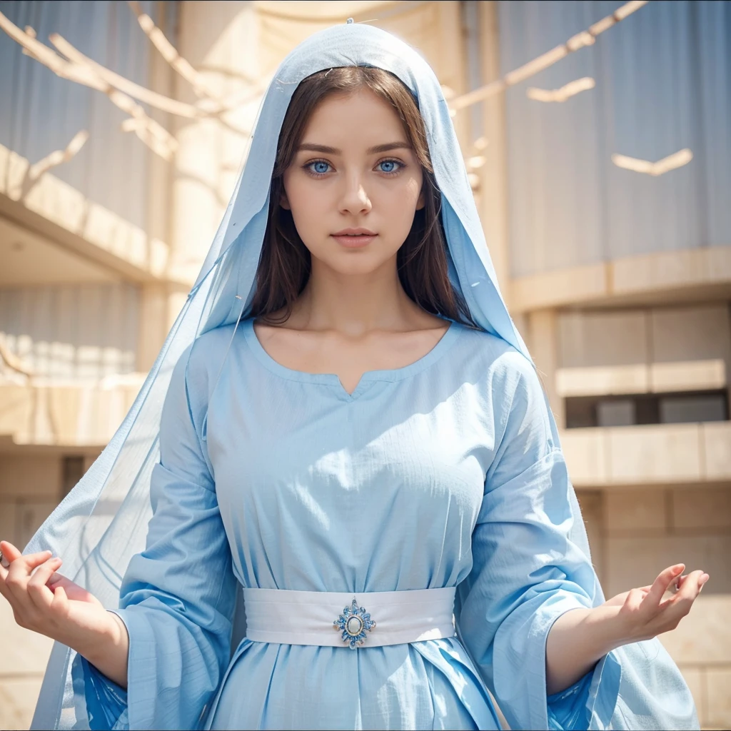 Beautiful woman with light blue eyes, wearing a blue tunic with wide, long sleeves adjusted at the waist by a white sash. Wear a thick white veil. She has open arms. Beautiful female hands