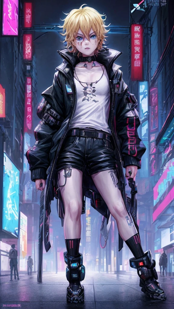 Hacker boy, a man in a black jacket standing in a city with a blue light on his face, blonde curly hair, monitor on background tall anime guy with blue eyes, digital cyberpunk anime art, modern cyberpunk anime, cyber noir, digital cyberpunk - anime art, anime cyberpunk art, artwork in the style of guweiz, anime mecha aesthetic, twitch streamer / gamer ludwig, digital cyberpunk anime!!