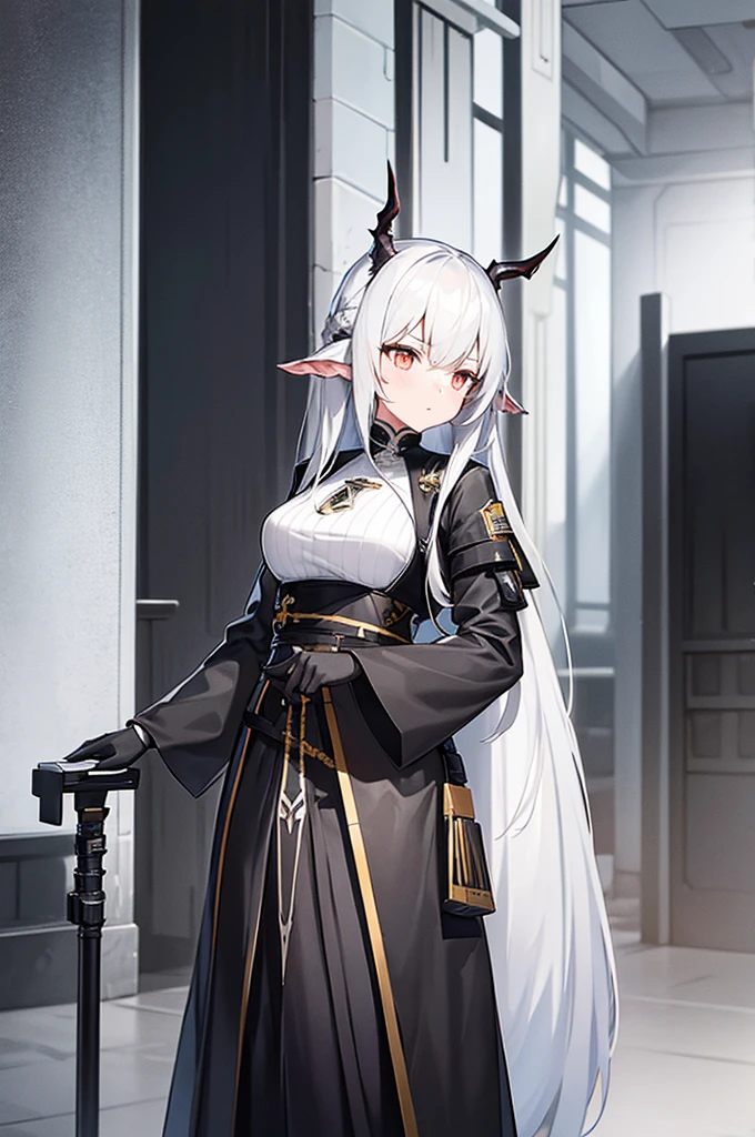Arknights Characters,Sarkaz,Long black horns on the head,Arknights style,Latter-day rough soil,High-tech equipment,Source stone装备,Source stone,Tall girl,a battle man,Look solemn,角色Standing picture,Standing picture,detail,人物Standing picture,whole body,Standing picture,detail,Face clarity,Combat attire,Tall and tall,Royal sister,Black hair,White highlights,Black and white hair