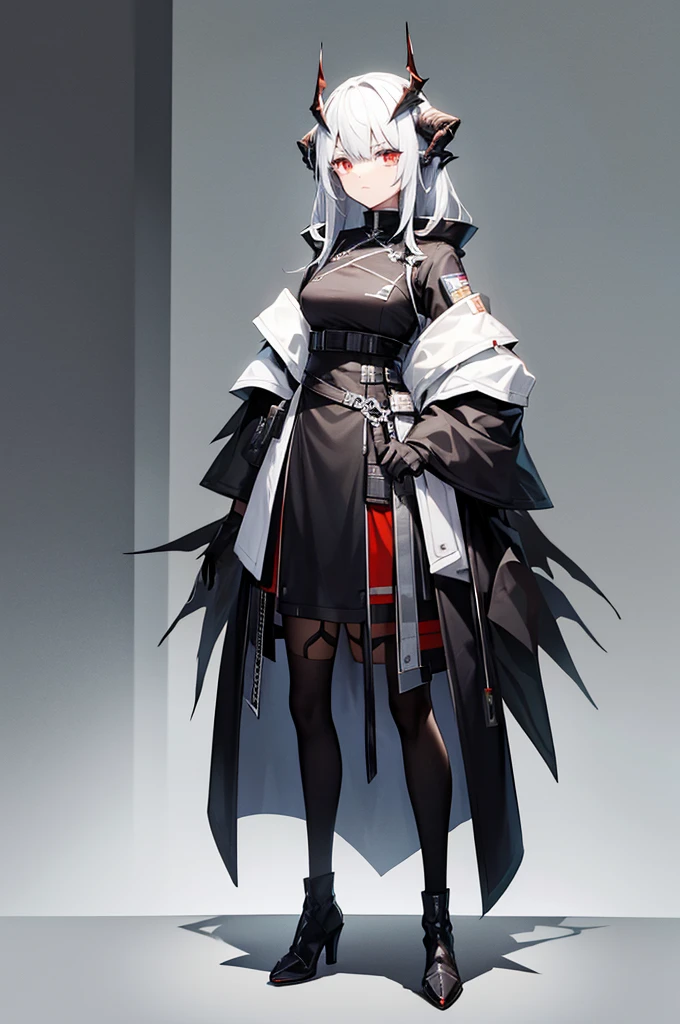 Arknights Characters，Sarkaz，Long black horns on the head，Arknights style，Latter-day rough soil，High-tech equipment，Source stone装备，Source stone，Tall girl，a battle man，Look solemn，角色Standing picture，Standing picture，detail，人物Standing picture，whole body，Standing picture，detail，Face clarity，Combat attire，Tall and tall，Royal sister，Black hair，White highlights，Black and white hair