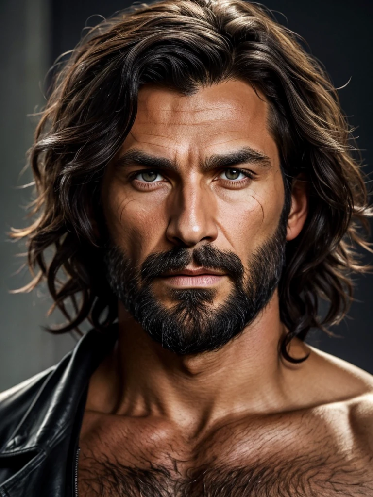 (best quality), 1boy, mature male, sirius black, tanned skin, black hair, wavy hair, medium hair, golden eyes, perfect eyes, strong jawline, stubble, black coat, hairy, scar across eye, broad, muscular, rugged, serious expression, masterpiece, anatomically correct, highres
