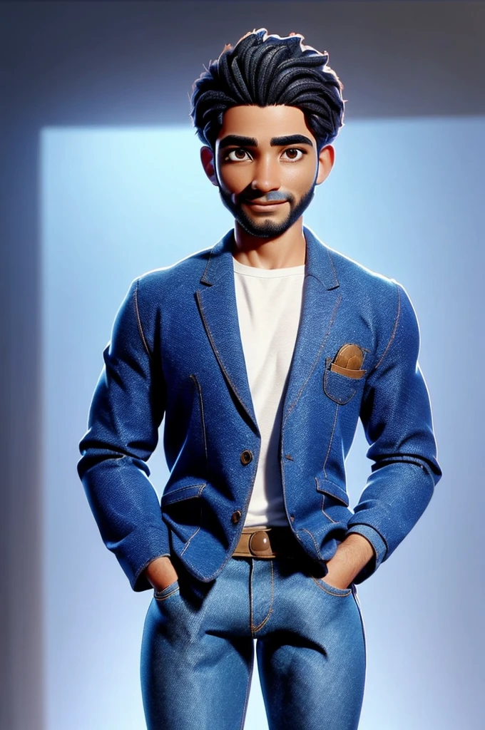 a photo of Kabede Sccatynter, a 30-year-old man, well-defined muscular body, of African descent, short black hair with a low cut, brown eyes, (((blue blazer, jeans))), white T-shirt, white sneakers, stands alone in a pensive possession, hand on chin and standing facing the camera talking and smiling in an office.