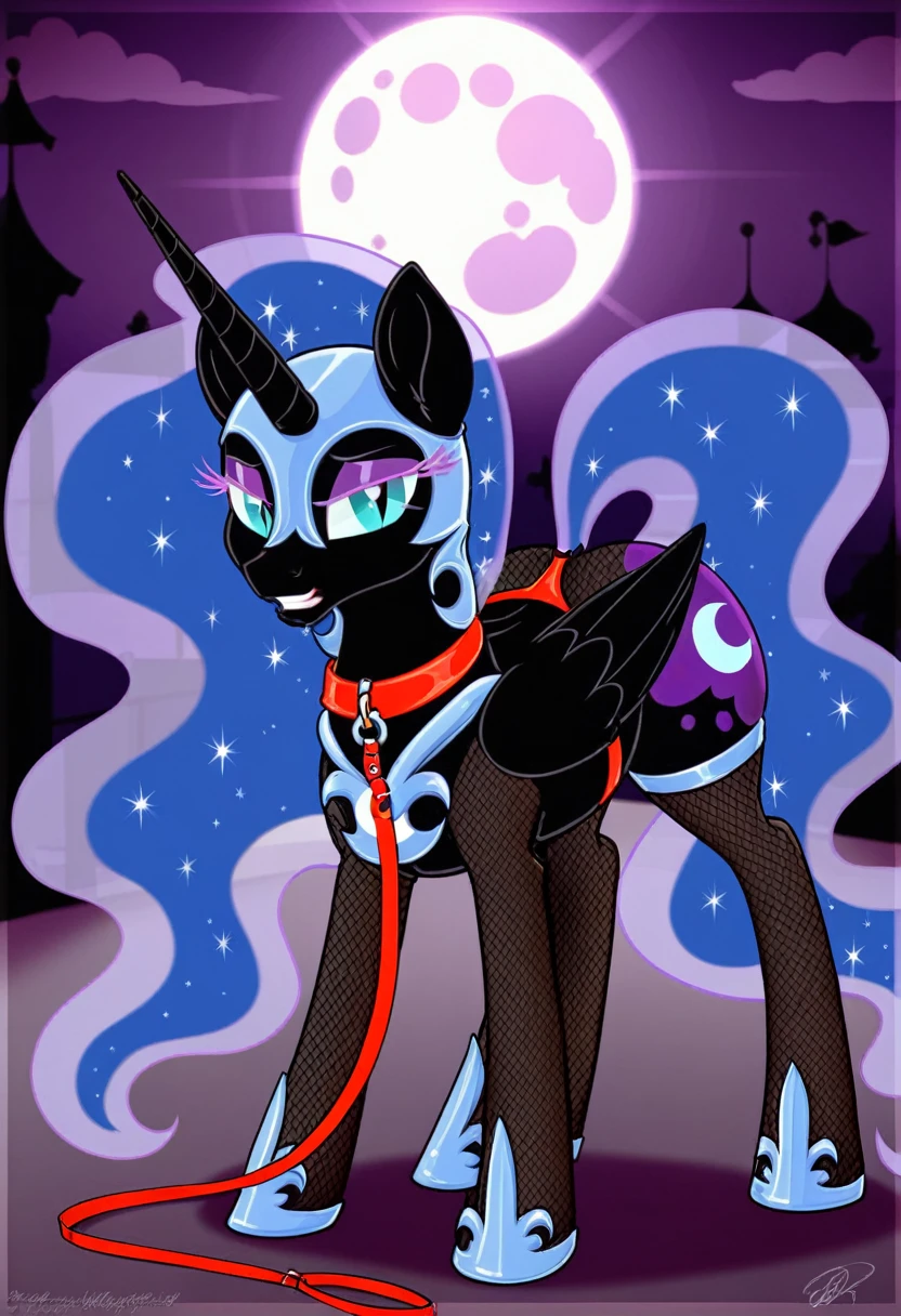Pony  sad   nightmare moon in   in fishnet tights  b  night club walks on a leash