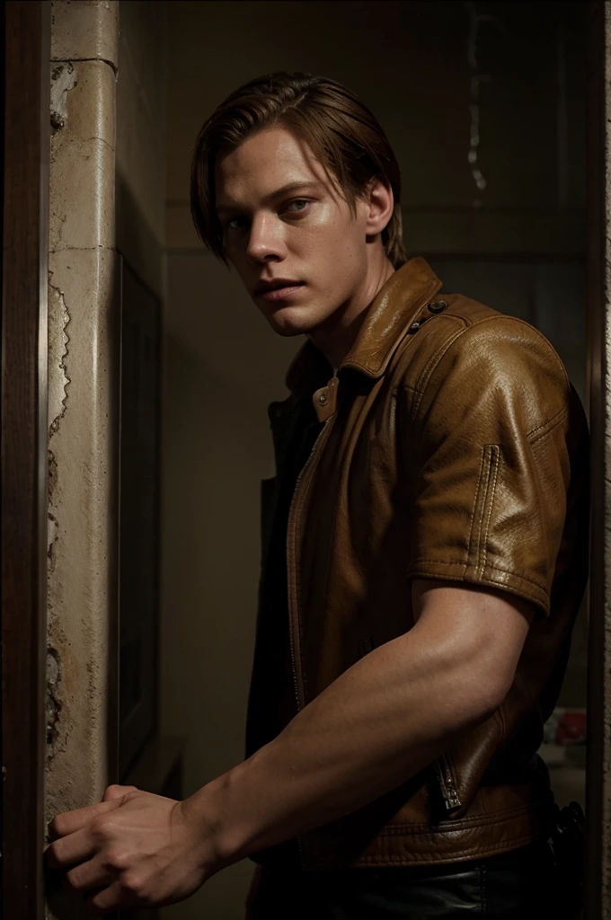 Bill Skarsgard with golden hair as Leon Scott Kennedy from game Resident Evil 4