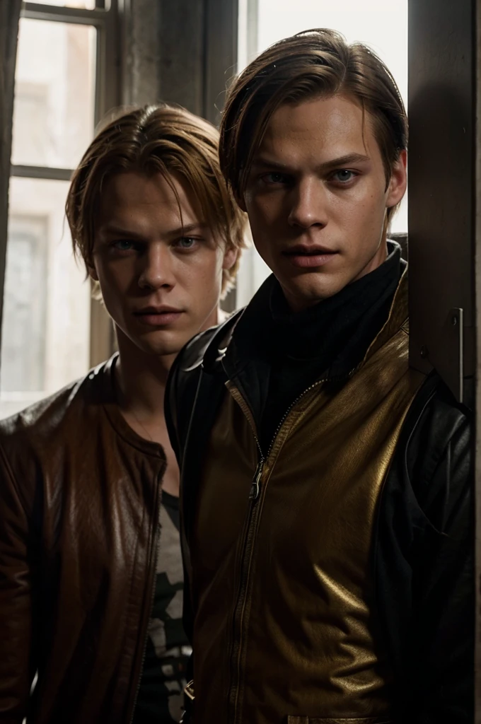 Bill Skarsgard with golden hair as Leon Scott Kennedy from game Resident Evil 4