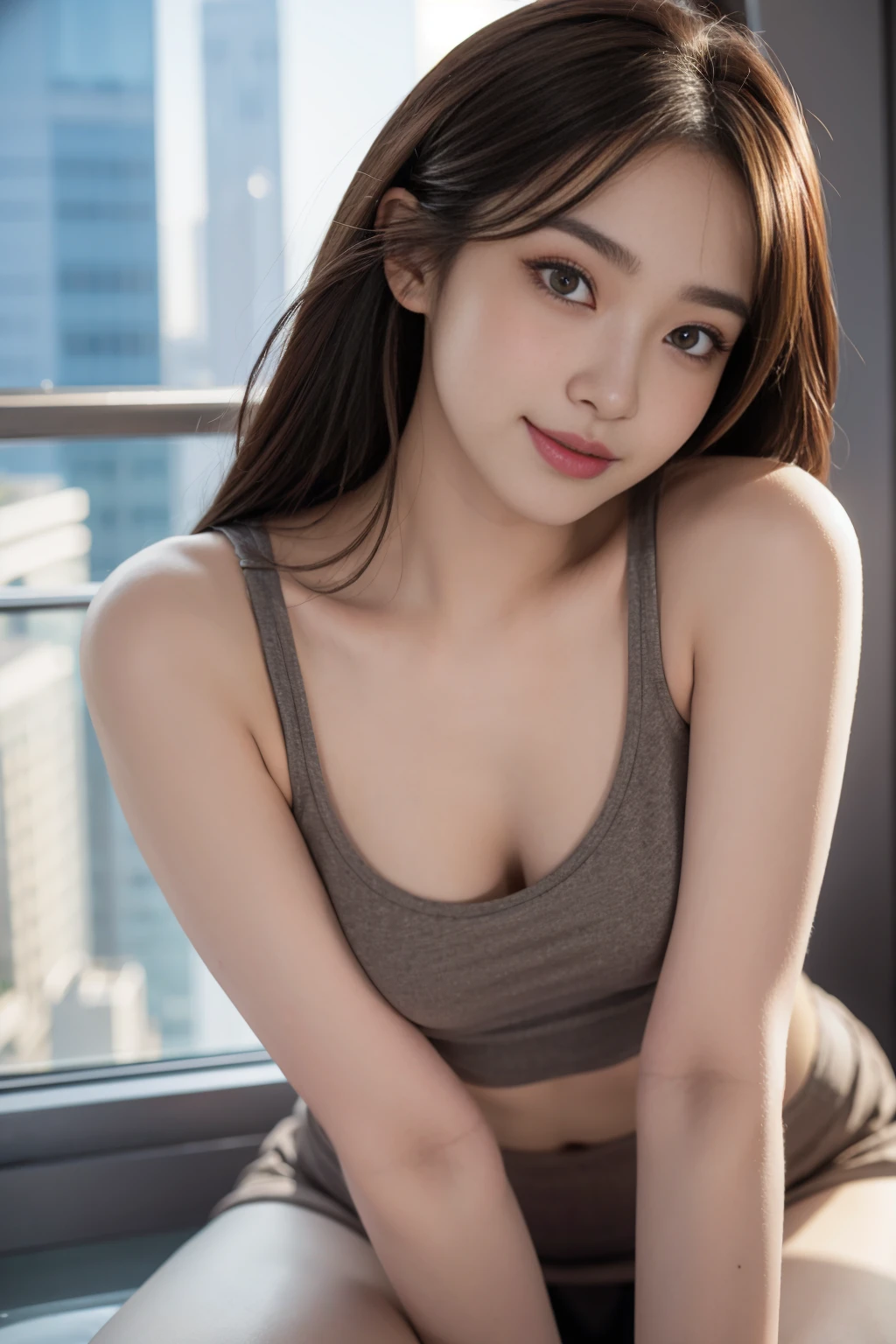 25 years old cute Korean, big round breasts, cleavage, cropped length tank top, skirt, beautiful eyes in detail, eyeshadow, thick beautiful thighs, beautiful thick legs, open eyes, perfect eye makeup, ((seductive smile, squeaky look, evil look)), high-rise hotel, Night view from the window, glass-walled room, kneeling on a big bed, brown hair,