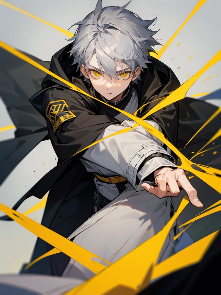  male character with gray hair and yellow eyes and black coat 