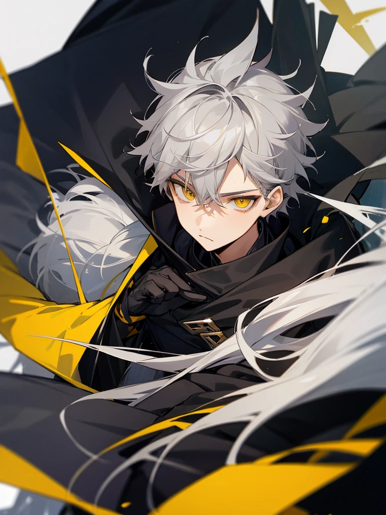 Teenage male character with gray hair and yellow eyes and black coat 