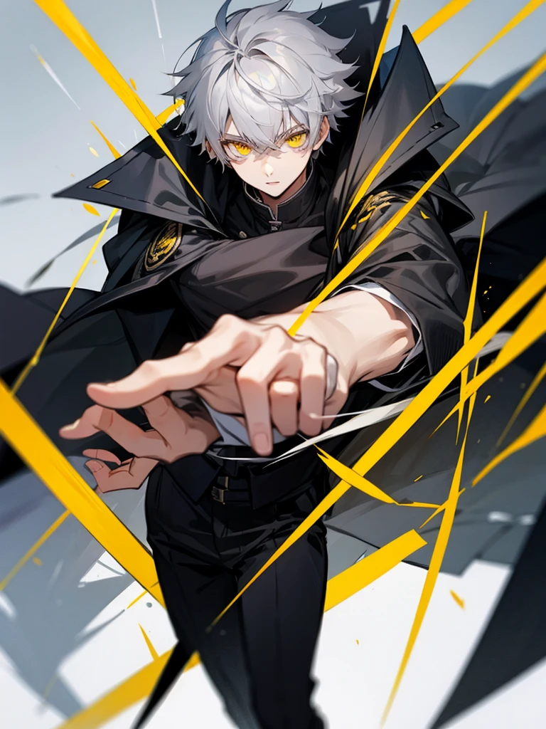 Teenage male character with gray hair and yellow eyes and black coat 