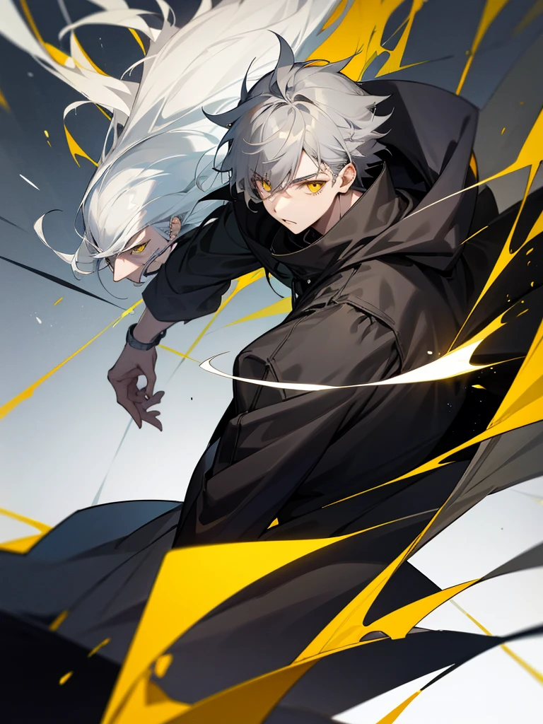  male character with gray hair and yellow eyes and black coat 