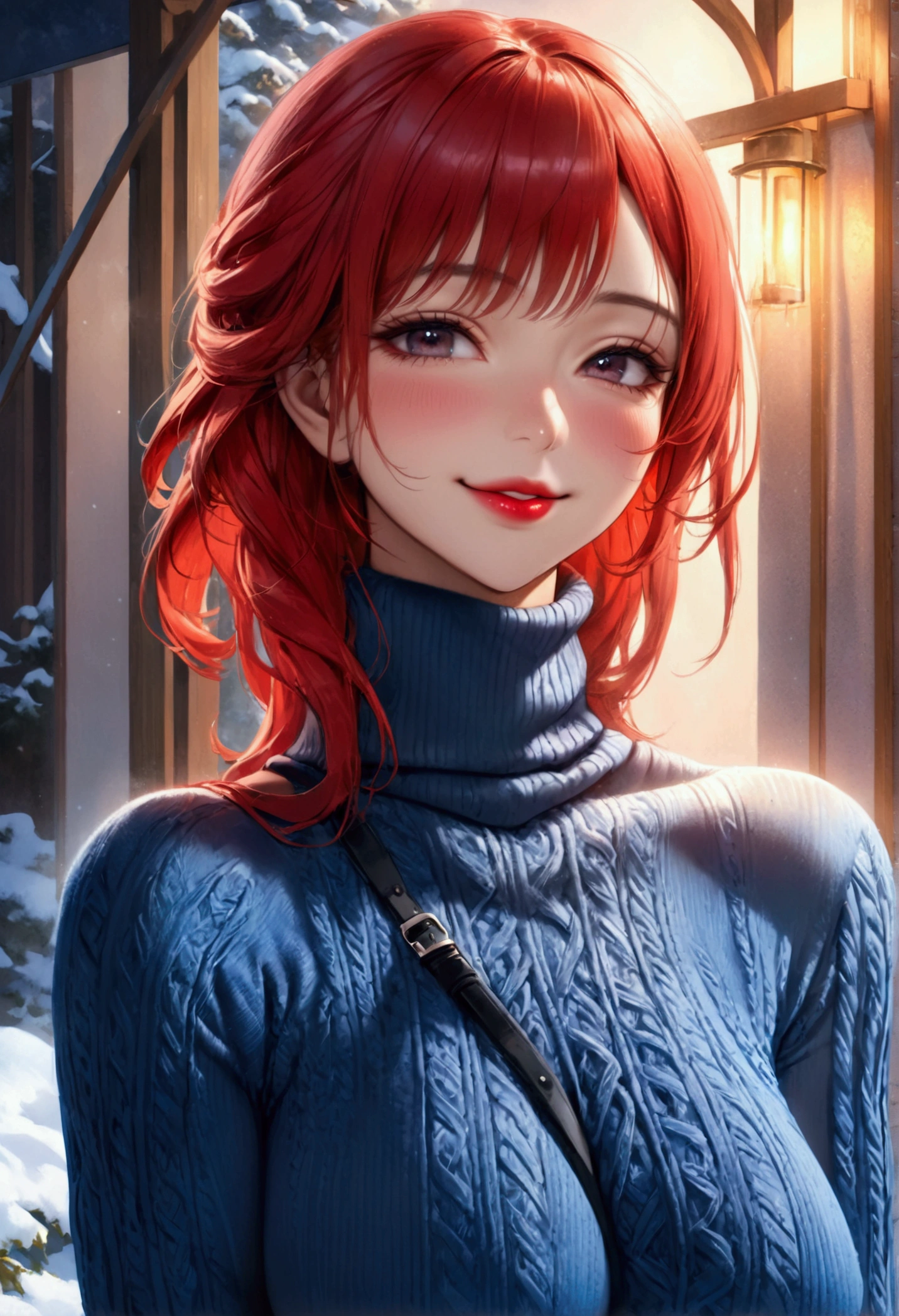 ((A aroused fertile feminine woman with perfect voluptuous meaty-brawny-Carneous-fleshy-beefy toned body figure, extreme firm firm firm accurately rounded 34DDD sized erected silicon breasts, covered erected nipples, erotic expressions on face, red lips, and straight red hair)), ((wearing an unwrinkled smooth extreme skintight turtleneck velour blue thick sweater with a belt and an extreme super skintight plush sumptuously velour luxuriously soft ribbed Winter Warm Thermal velvet Fleece Lined Women Leggings)), ((**standing and smiling, facing viewer, high quality, detailed face portrait, photorealistic, 8k, masterpiece vivid colors, warm lighting, intricate details, hentai, waifu, show full body view**))((shot captured by IMAX camera))