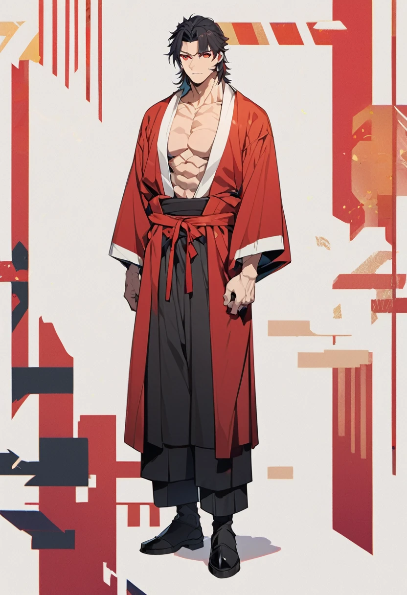 A anime man, black short hair, mullet haircut, red eye, black and red kimono, standing, full body, adult, average muscular body