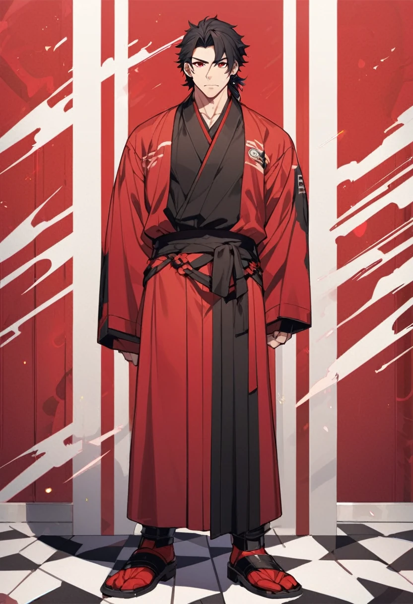 A anime man, black short hair, mullet haircut, red eye, black and red kimono, standing, full body, adult, average muscular body